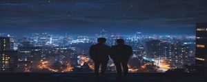 夜晚城市天台场景，两人并肩而立，远处灯火璀璨，象征先婚后爱1v1 po文的情感转折时刻