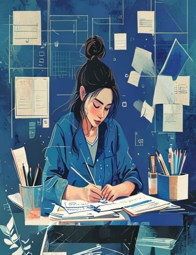 孟菲斯风格插画，一位女性创作者在靛蓝色书桌前专注撰写1v1 po文，桌面散落手稿与彩色便利贴，背景有几何图形装饰，氛围温暖创意